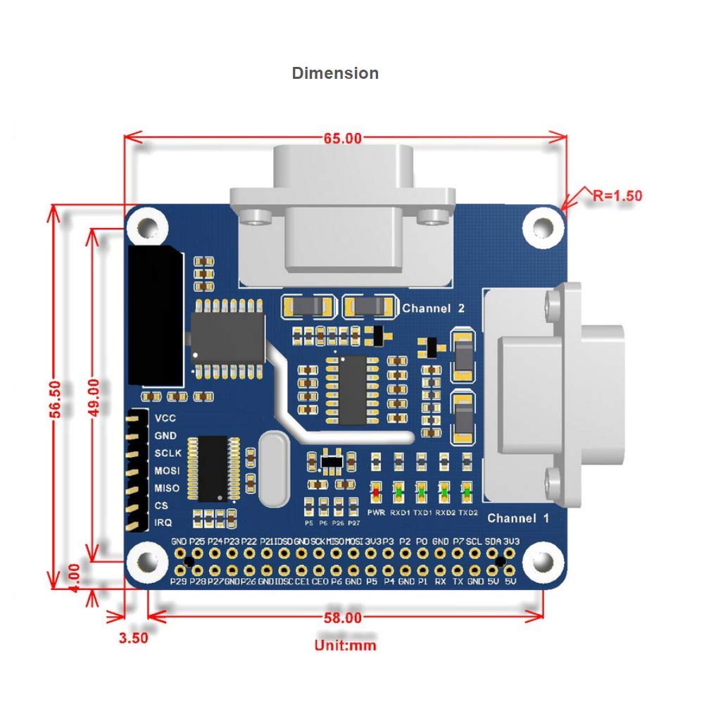 2-Channel Isolated RS232 Expansion HAT for Raspberry Pi 4B/3B+/3B/2B/Zero/Zero W, SC16IS752+SP3232 Solution, Converts SPI to RS232,With Multi Onboard Protection Circuits
