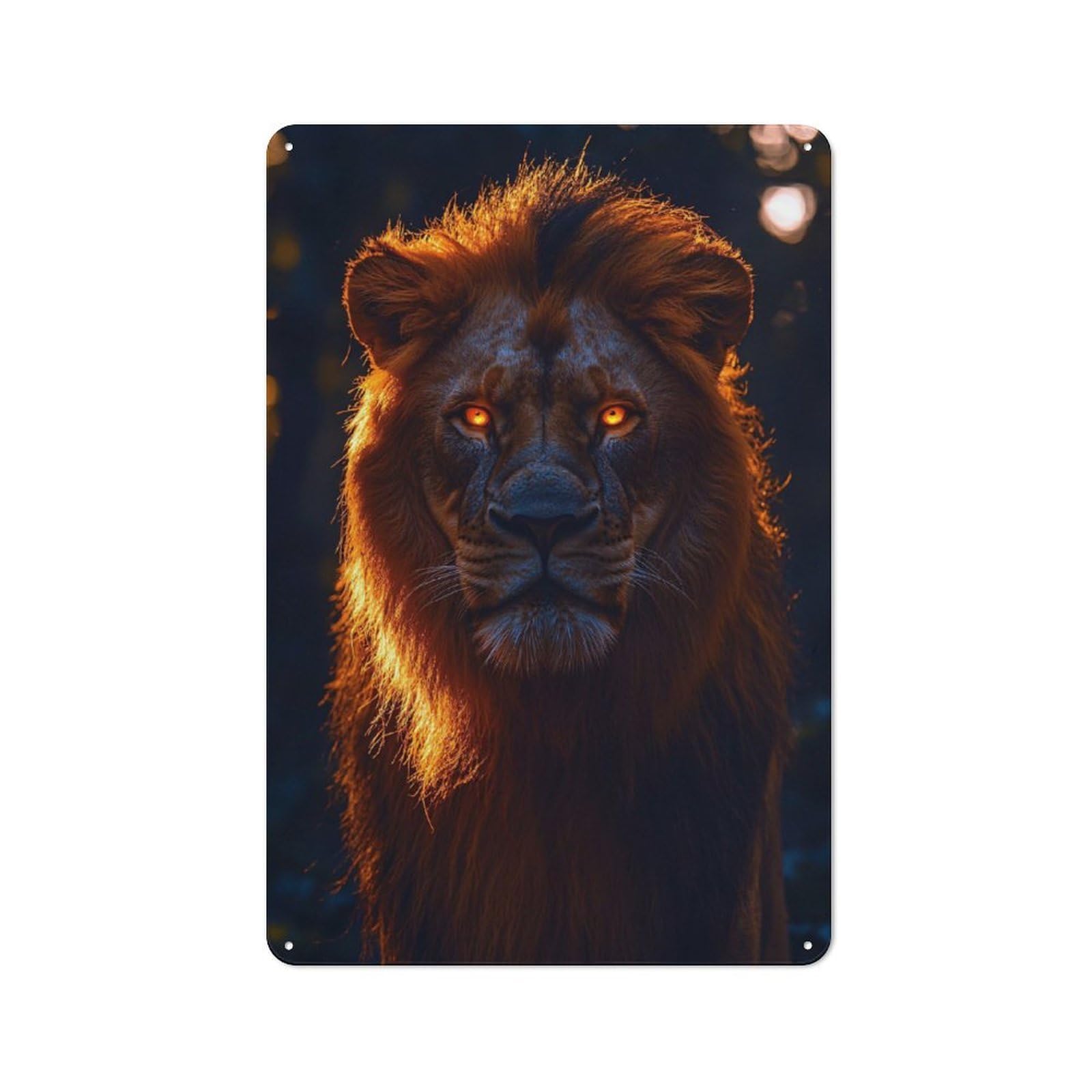 Junmoney Style-7 Lion With Glowing Eyes Portrait Rustic Metal Sign 30X20cm For Pub Or Café, For Collectors Of Rustic Metal Wall Decor