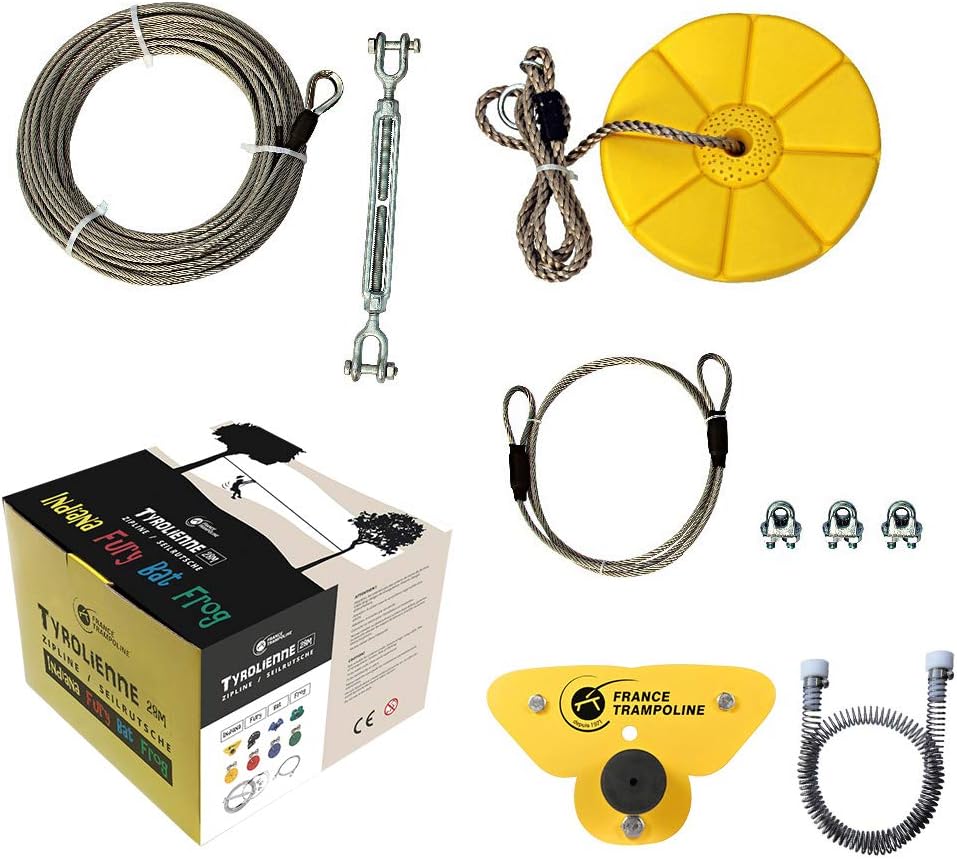 Tirolina Indiana para niños y Adultos – Cable Muy Resistente y Freno de Muelle – hasta 110 kg – Francia Cama elástica