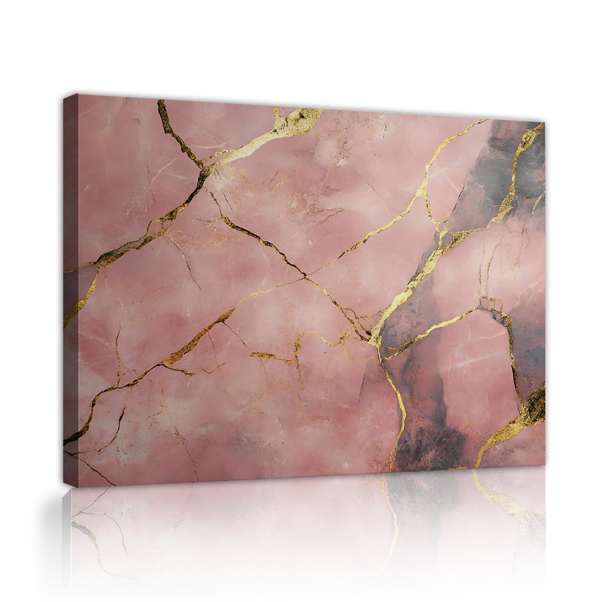 TOANGWALL Pink Quartz Canvas Painting Blush Marble Pattern Prints Golden Cracked Line Picture Modern Abstract Wall Art Living Room Bedroom Dressing Room Lounge Elegant Poster 65x80cm