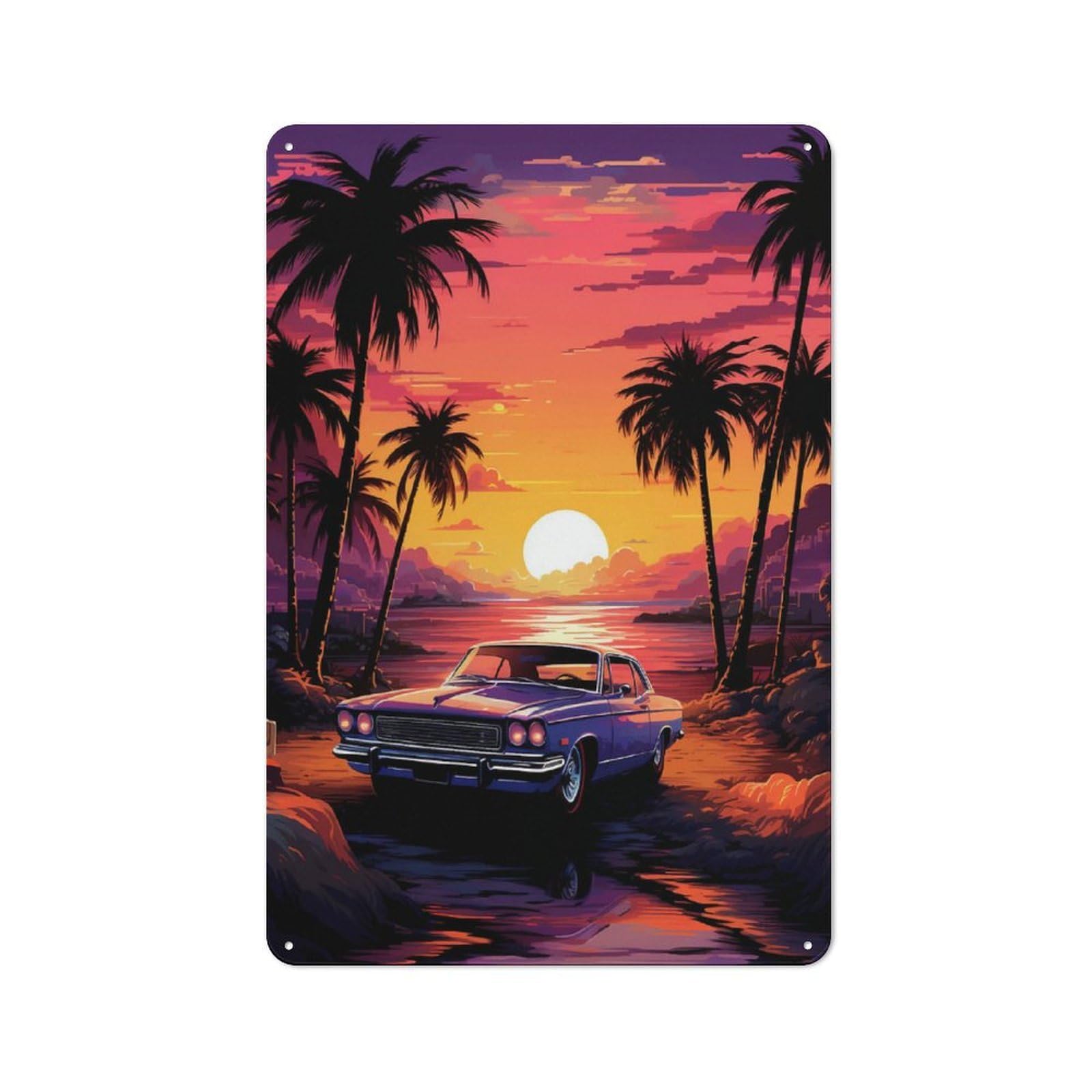 Junmoney Synthwave Retro Car Sunset Classic Kitchen Metal Sign 30X20cm Featuring Cafe Wall Decor For Restaurant, Kitchen, Counter Or Breakfast Nook