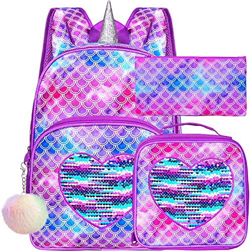gxtvo 3PCS Mermaid Backpack for Girls, 14.5