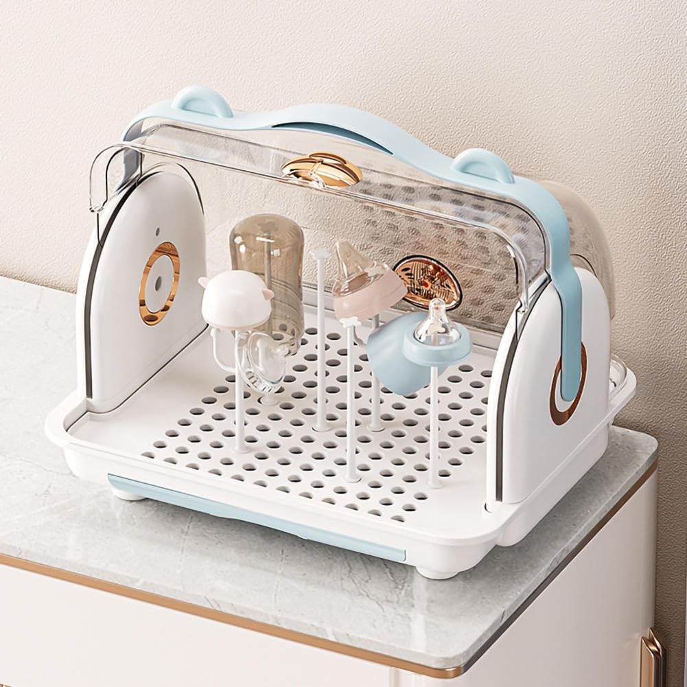 Escurridor portátil para biberones con tapa, diseño vertical, incluye bandeja de drenaje y asa de transporte, ideal para botellas, tazas y platillos, ahorra espacio y es eficiente