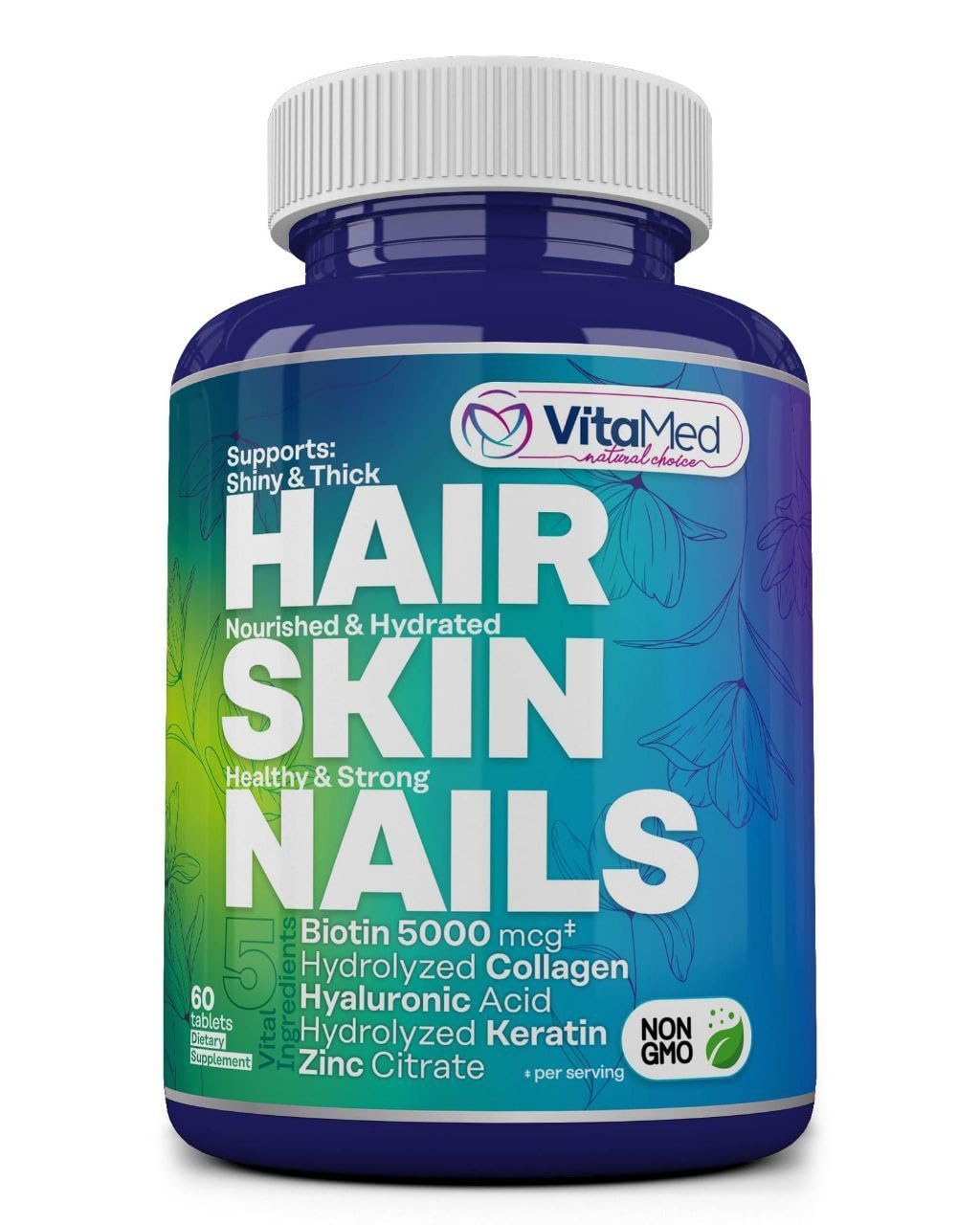 VitaMed Hair Skin and Nails Vitamins - Collagen Pills for Hair Growth, Biotin 5000mcg to Strengthen Nails and Glowing Skin, Hyaluronic Acid, Vitamin C, E, B6, Keratin Hair Treatment-60 Tablets 60 Count (Pack of 1)