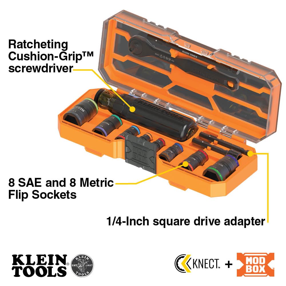 Klein Tools 65242 Zestaw nasadek udarowych KNECT, zestaw wkrętaków zapadkowych, napęd 1/4-calowy, SAE i metryczne gniazda z klapką, 16 rozmiarów sześciokątnych, adaptery, obudowa MODbox