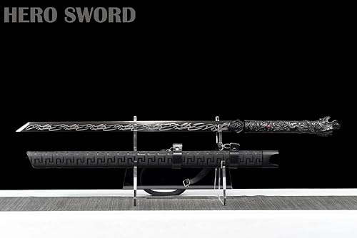 Miniatura 8 de Espada china de acero al manganeso de alto manganeso negro Tang Dao - Espada china lista para combate, cuchillos de hoja afilada de espiga completa