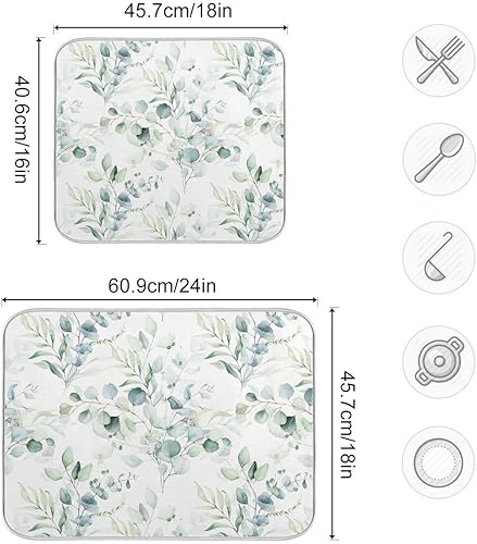 Miniatura 3 de Tapete de secado de platos con hojas verdes para encimera de cocina, planta de hierba, tapetes de secado blancos, super absorbentes, reversibles, de