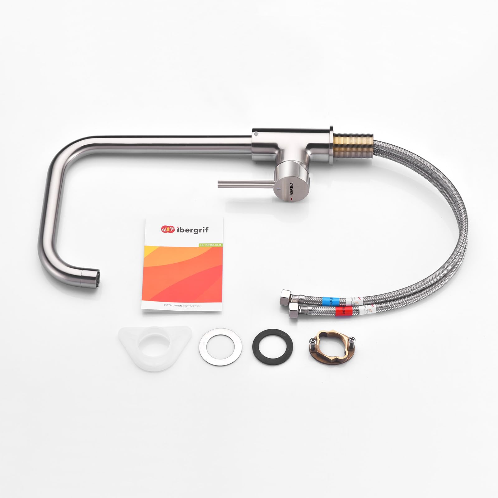 Ibergrif mitigeur monocommande acier inoxydable brossé pivotant 360° haute pression bec 28 cm design d'angle moderne