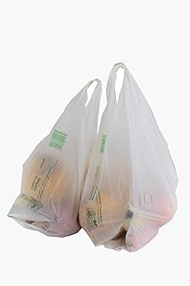 Buste biodegradabili e compostabili tipo maglietta, certificate TÜV Austria, conformi EN13432 e prodotte nell'Unione europea, 50 pezzi, Dimensioni: (30 + 2 x 9) x60 cm, Large