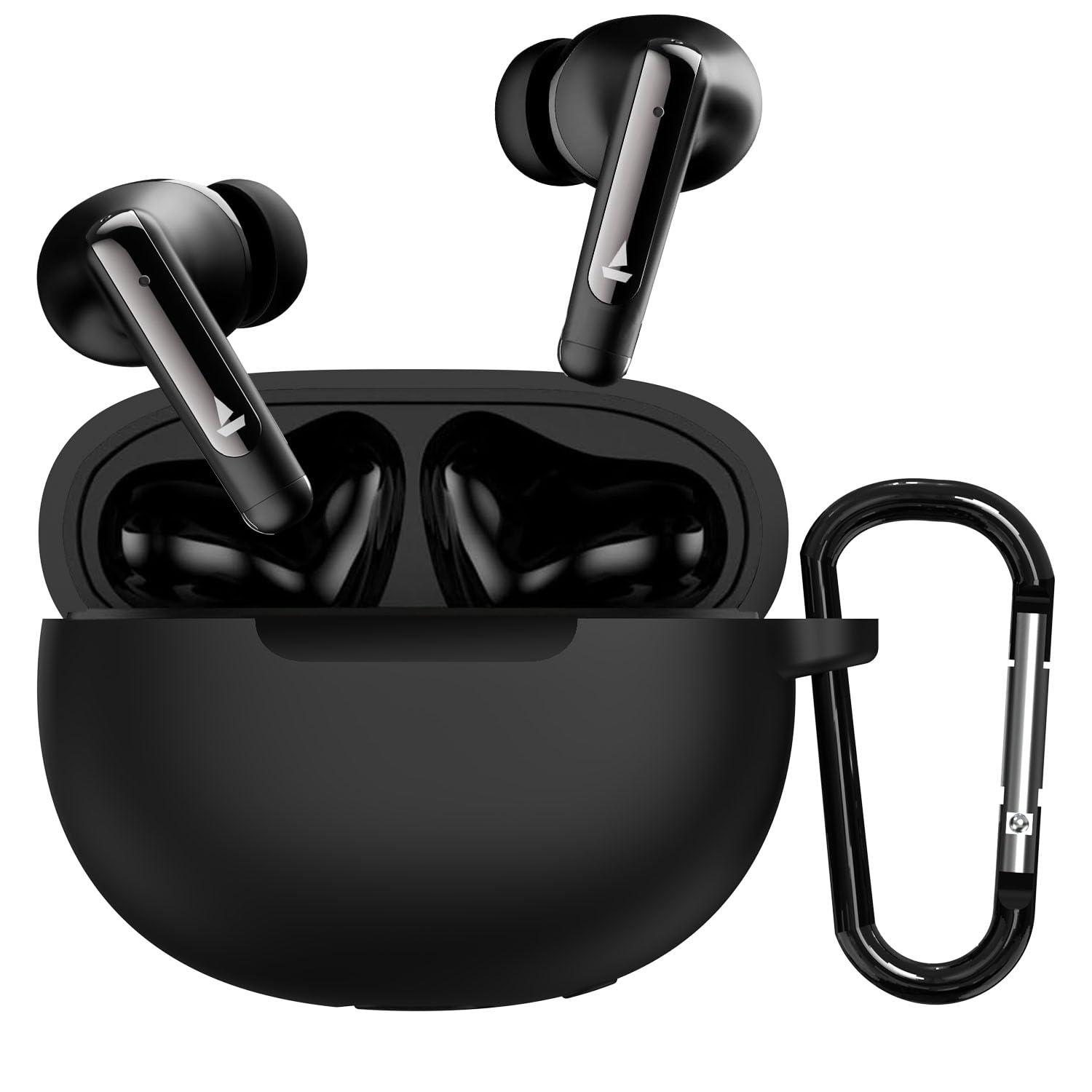 Sounce Case Cover for Boat Airdopes 141 ANC, 360° Protection, Shockproof Design, Scratch Resistant, Silicone Case with Keychain – Black