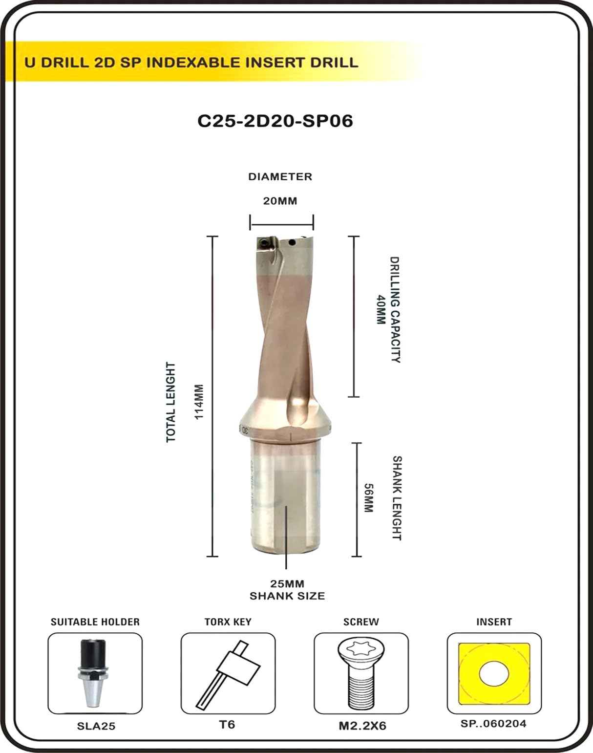Buyohlic Lot de 10 inserts indexables en U 20 mm II Tige Weldon II à travers le liquide de refroidissement II sans carbure (diamètre 20 mm ~ 2D ~ tige 25 mm)