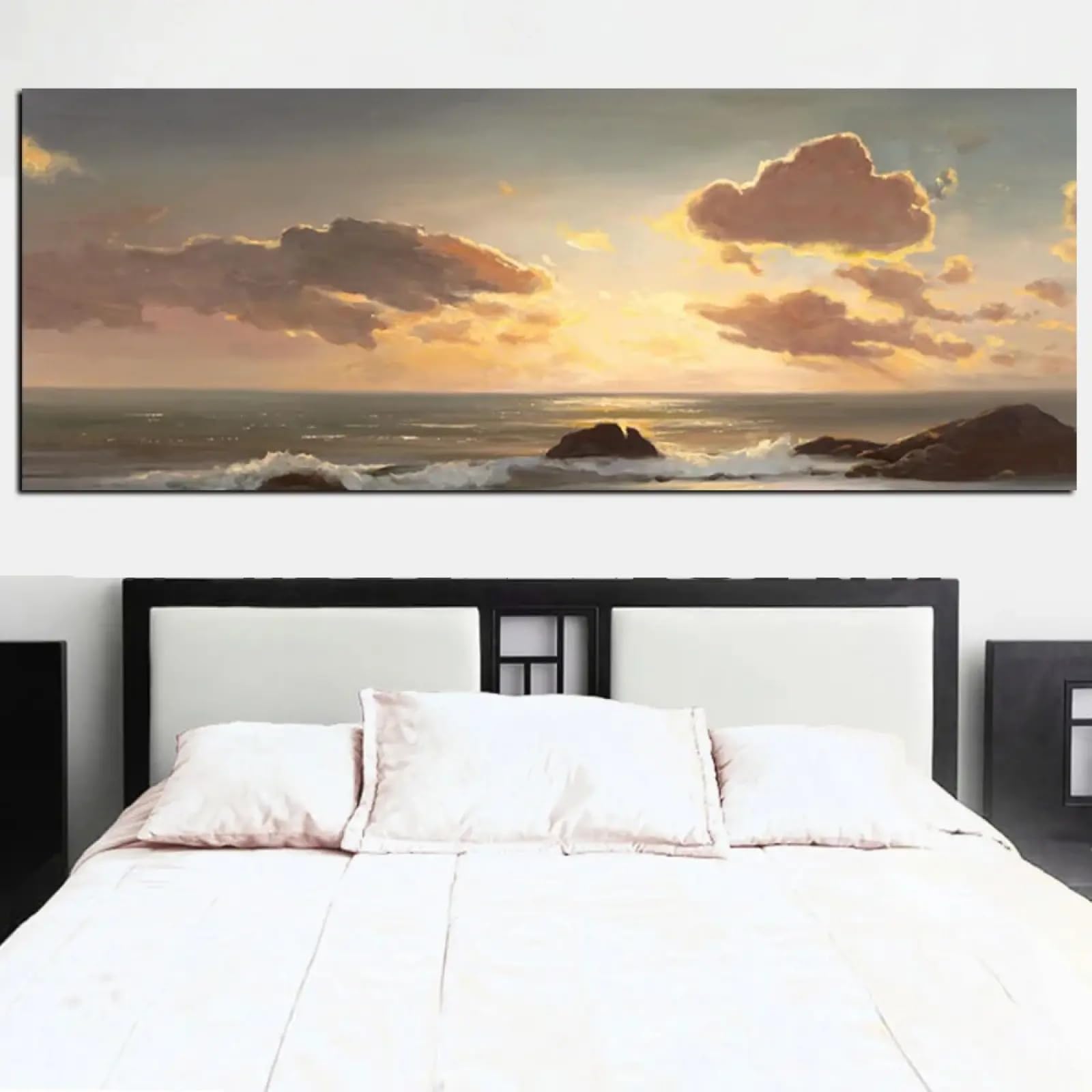 Zhadongli Art Sonnenuntergang auf dem Meer, Ozeanwellen, Landschaft, Leinwanddruck, Wandkunst, Gemälde, Seelandschaft, moderne Wohnzimmerbilder, Wanddekoration, 30 x 60 cm (12 x 24 Zoll) mit Rahmen