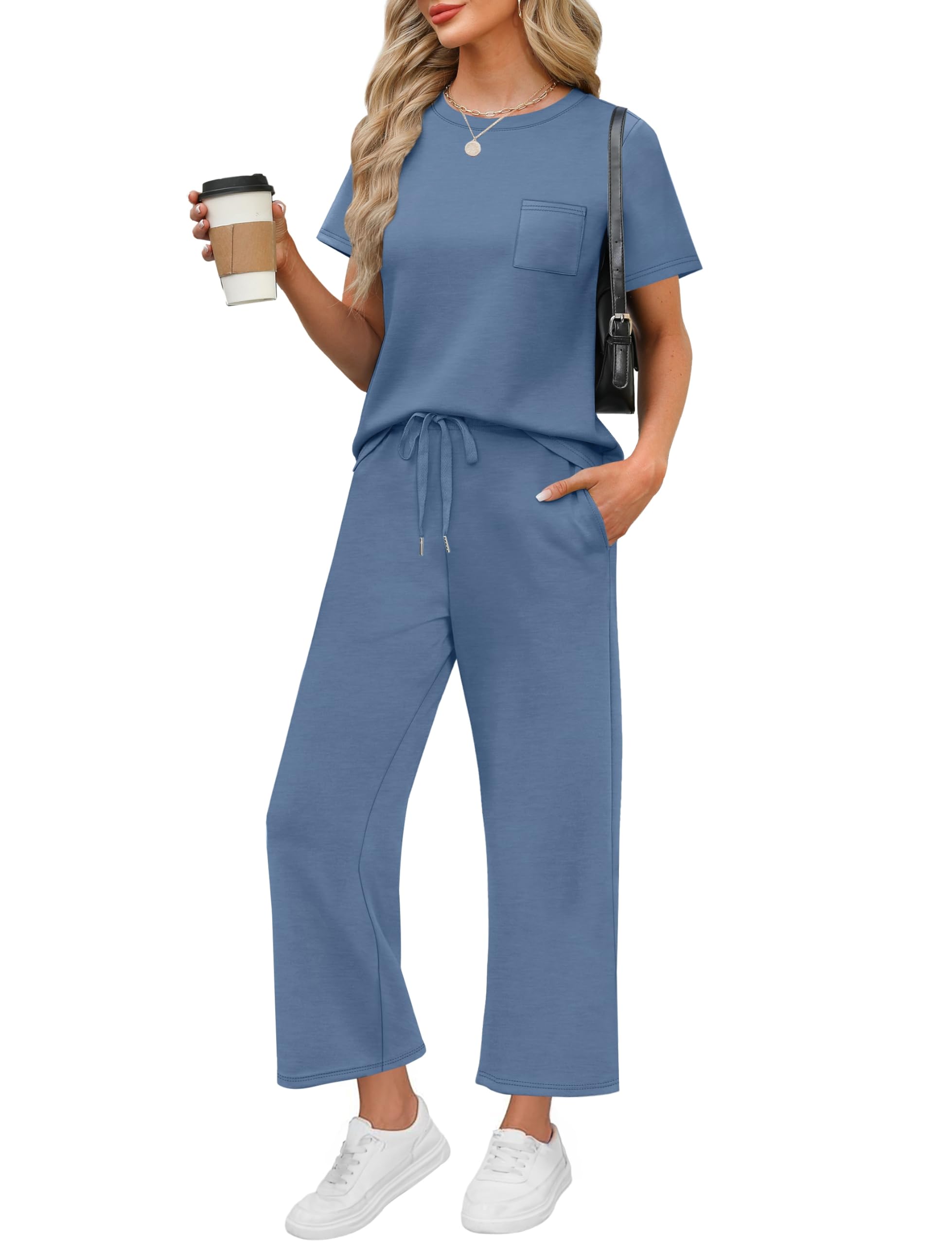 WIHOLL Conjunto de 2 piezas para mujer, casual, verano, viajes, vacaciones, manga corta, pierna ancha, pantalones cortos con bolsillos