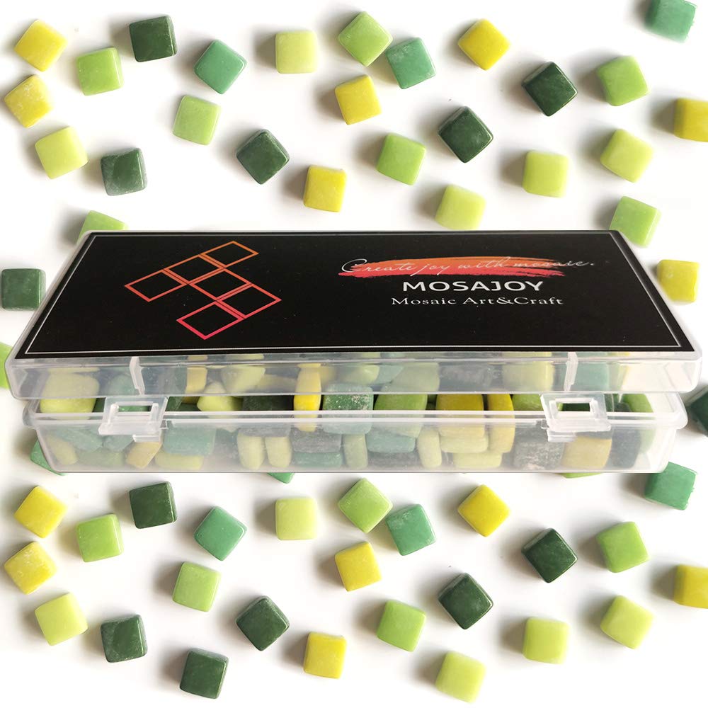 MOSAJOY Mosaic Tiles for Crafts,Mixed Color Stained Glass Square Piece Bulk Mosaic Supplies for DIY Kit, Pixel Art 1.2x1.2cm (Green Mix, 11OZ)