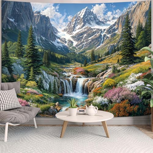 kampdream Snow Mountain Tapestry, Majestic Peaks and Creek Landscape Wall