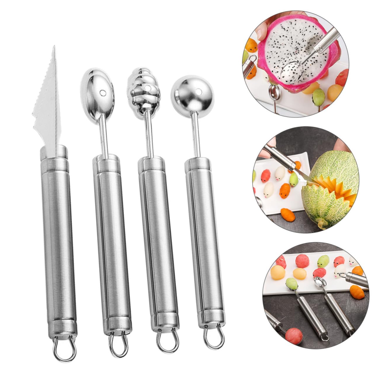Silber Kugellöffel aus Edelstahl 4 Stück, für Melone | Melonenausstecher, Metall Obstlöffel, Einfache Handhabung, Schneller Zugriff, Sicherer Griff, Küchenzubehör