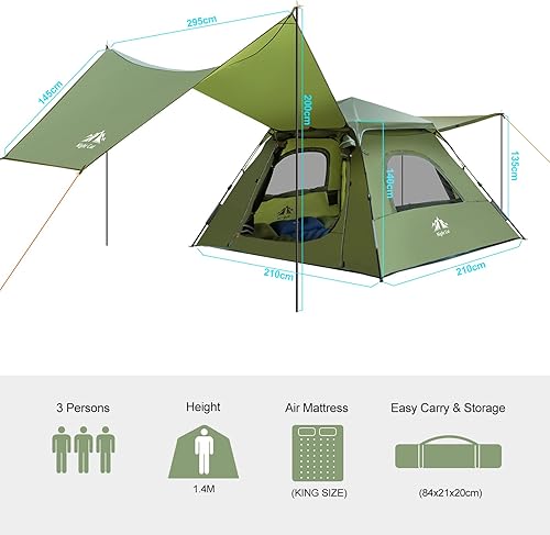 Miniatura 6 de Night Cat Tienda de campaña instantánea con toldo de lona para 3 personas, impermeable, para campamento familiar, tienda de campaña 2 en 1 con
