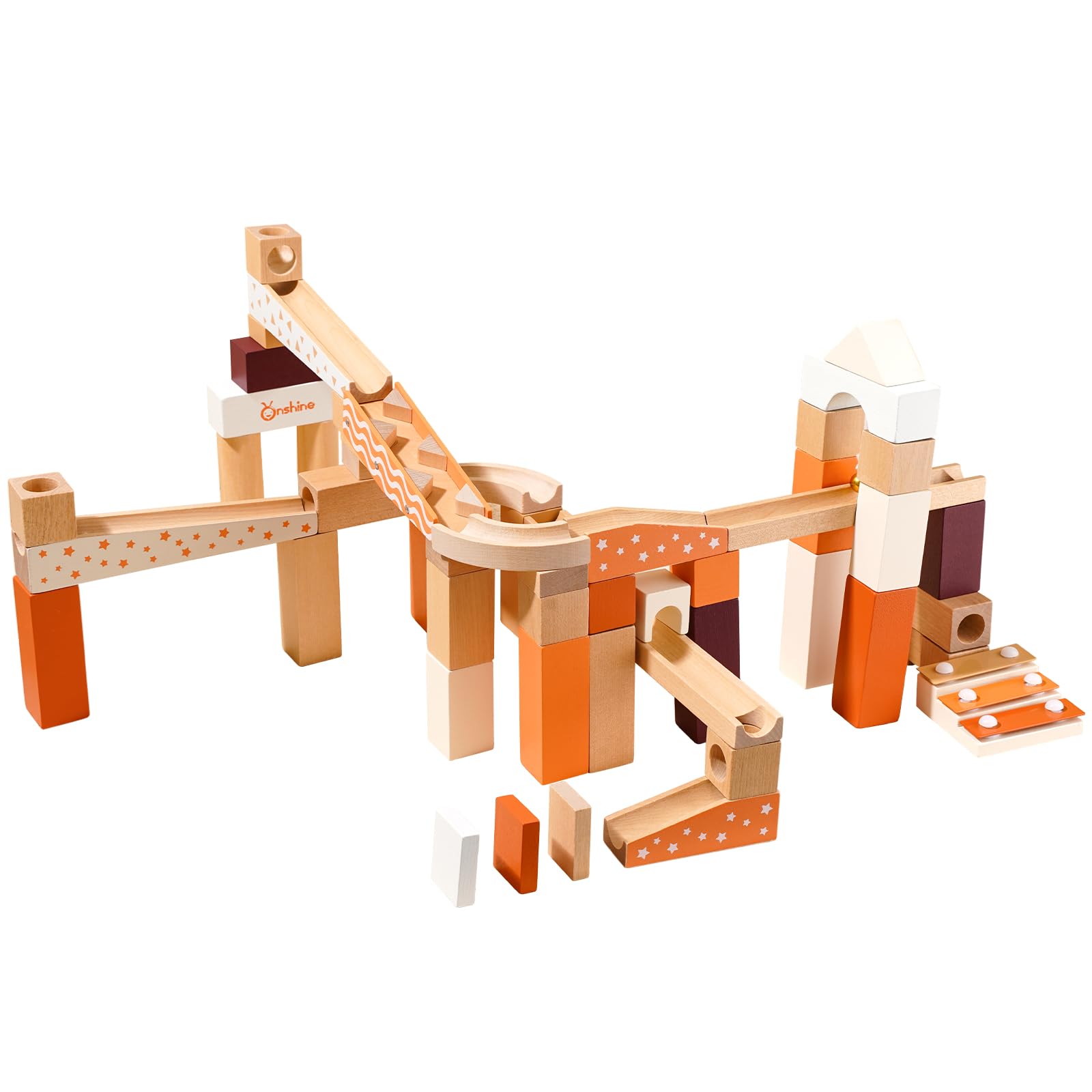 Wooden Marble Runway Blocks for Ages 3+, 60 Wooden Blocks Toys and Construction Playset, Natural Marble Track Maze Game STEM Learning Toys Boys Girls Gift (Set of 60)