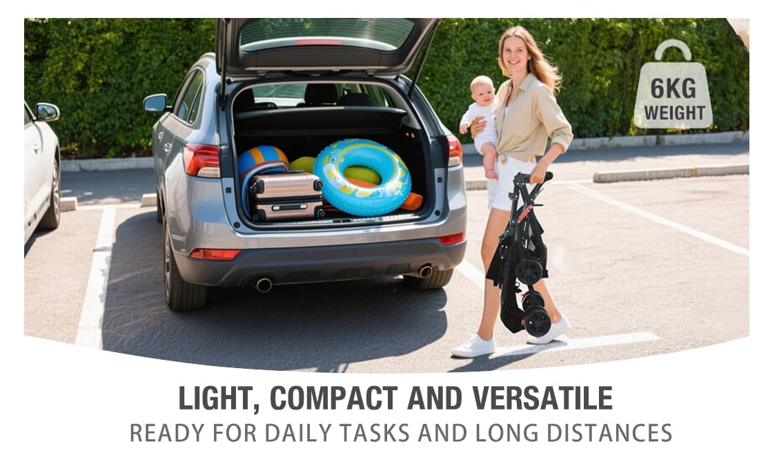Reenborn Ultraleggero Passeggino di Soli 4,6 kg con Posizione Sdraiata Regolabile, Passeggino da Viaggio Pieghevole, Passeggino Compatto Fino a 15 kg, Carrozzina per Neonati Portatile (A8 Black)