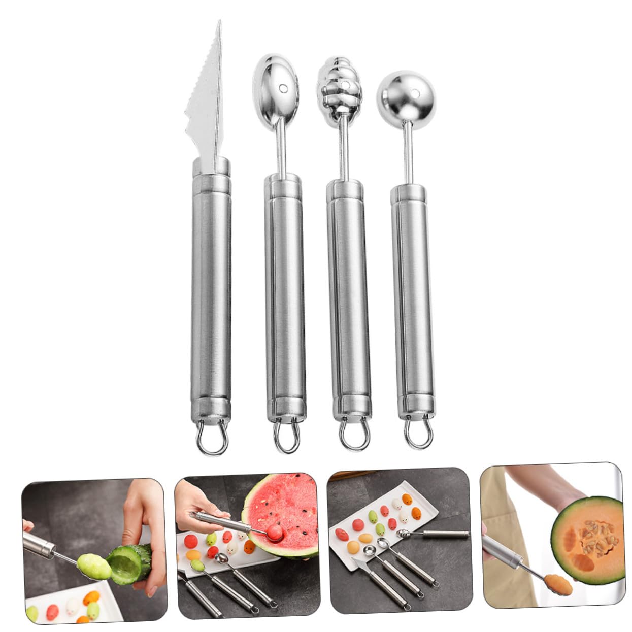 Cuchara para Bolas de Melón y Fruta 4 Piezas Acero Inoxidable 304 Mango Ergonómico Sacabolas Multiusos para Cocina Hogar Herramientas para Frutas y Helados