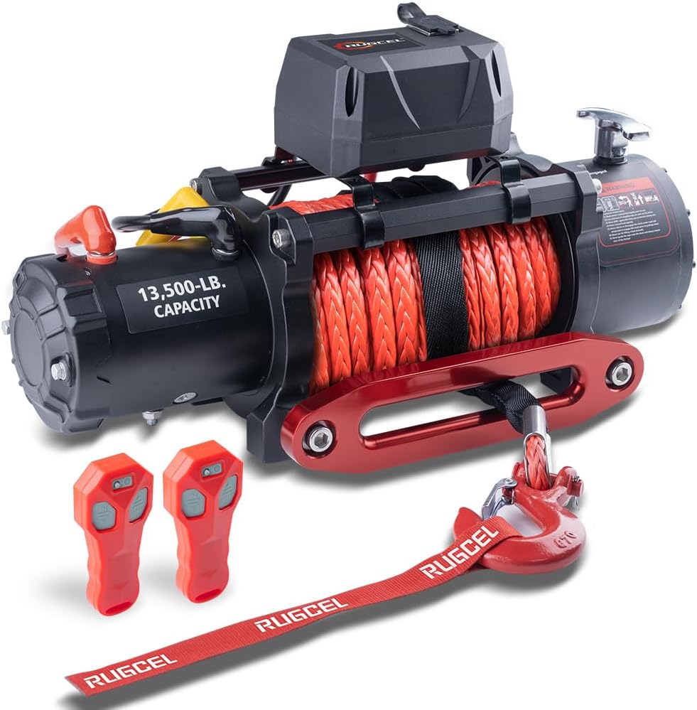 RUGCEL WINCH 13500lb Waterproof Electric Truck Winch 12V Synthetic Rope Jeep Winch with Hawse Fairlead