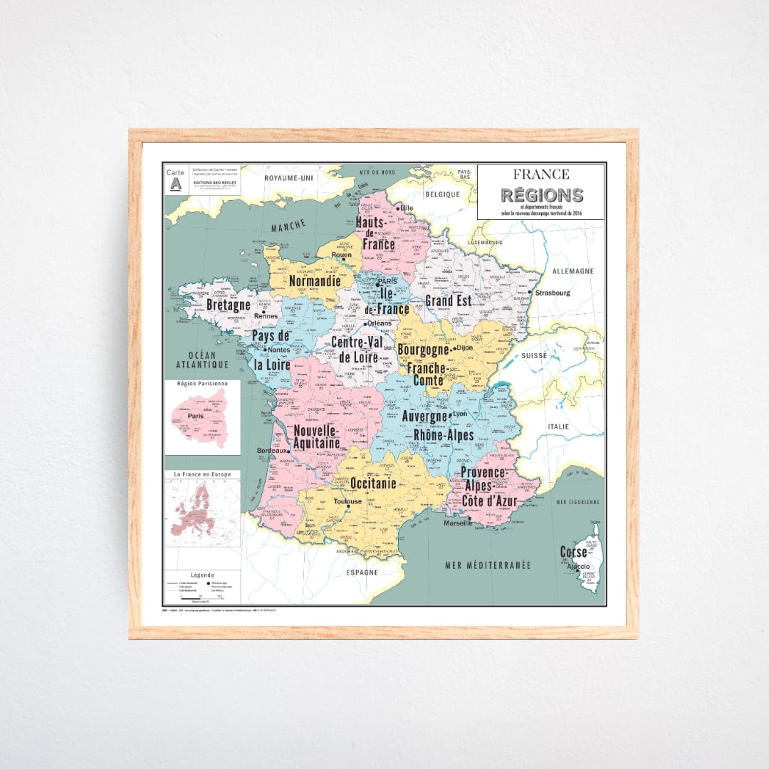 Carte de France Murale - Carte Administrative - Régions - Modèle Vintage - Poster Plastifié 100x100CM