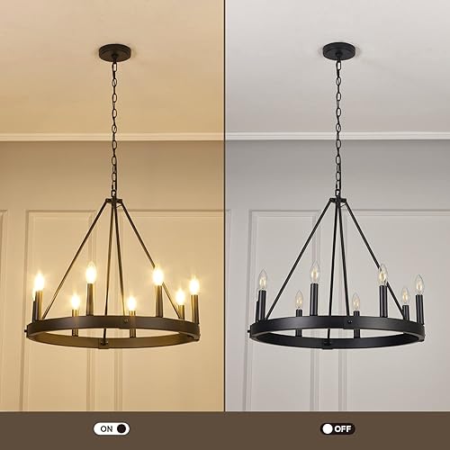 Miniatura 3 de Candelabro de 8 luces con rueda de carro, de 24 pulgadas, color negro, redondo, para comedor, moderna e industrial, isla de cocina, lámparas