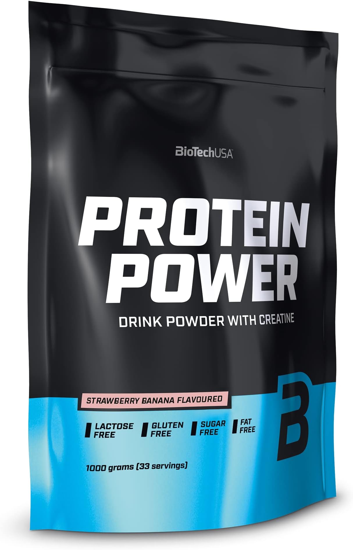 BioTechUSA Protein Power | High Protein, Sugar-Free, Lactose-Free, Gluten-Free | Added Creatine, 1 kg, Strawberry-Banana