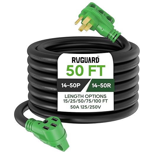 RVGUARD 50 Amp 50 Foot RV/EV Extension Cord, NEMA 14-50P/R Heavy Duty Extension Cord with LED Power Indicator and Cord Organizer, Green, ETL Listed