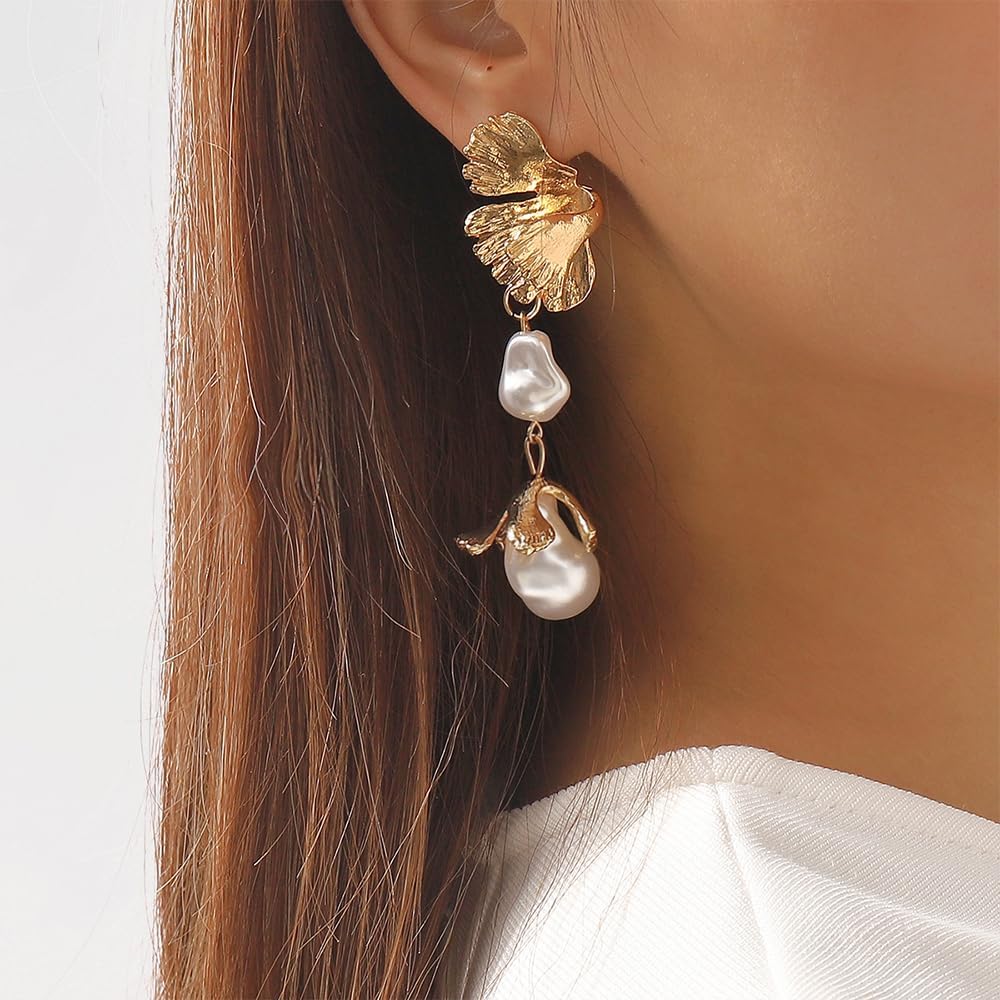 18K Gold Baroque Pearl Leaf Dangling Earrings for Women,Glossy Boho Flower Statement Drop Dangle Earrings,Retro Formal Anniversary Jewelry Gifts - Image 2