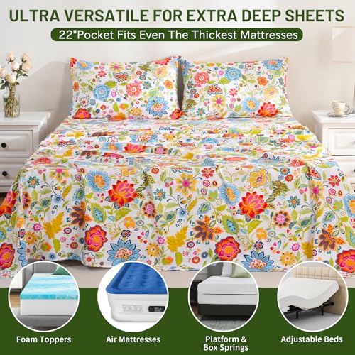 Image of Bedlifes Extra Deep Pocket 18-24 inch Queen 4-Piece Sheet Set - Cooling Sheets Blend Rayon Derived from Bamboo Soft & Breathable Floral Spring Design