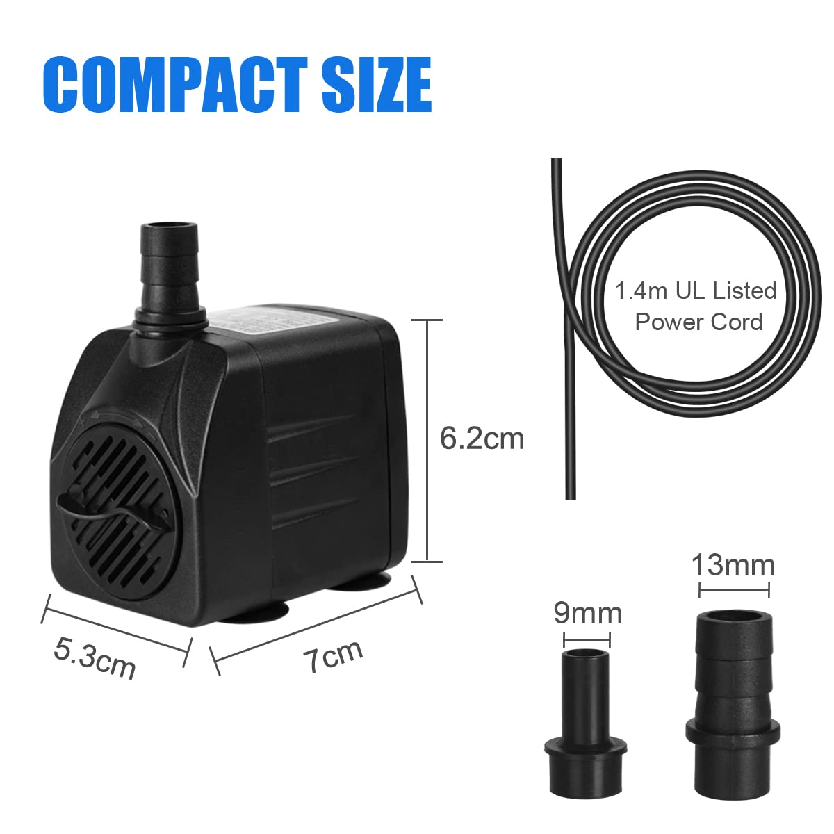 Flintronic Submersible Water Pump(800L/H 16W), Ultra-Quiet Water Pump1.6m/5.2ft High Lift, Fountain Pump with 1.4m/4.5ft Power Cord&2 Nozzles for Aquarium, Fish Tank, Statuary, Hydroponics — view 6