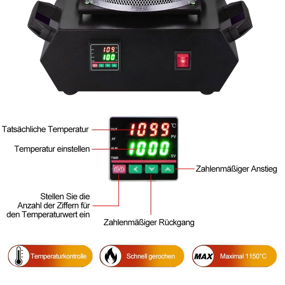 Goldschmelzofen, 1800W 1150°C Elektrischer Digitaler Schmelzofen mit Schutznetz und 3kg Graphit-Tiegel zum Schmelzen von Gold, Silber, Kupfer, Aluminium