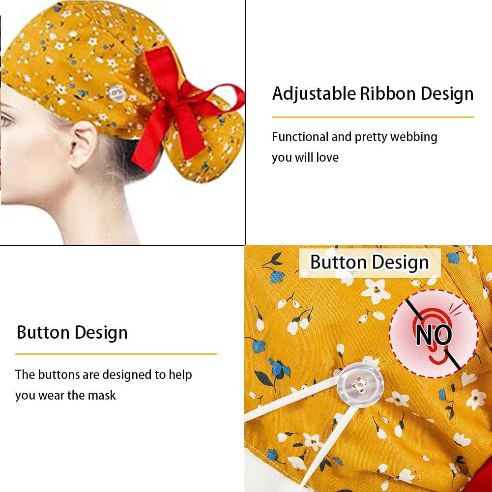 6PCS OP Hauben Damen mit Satinfutter, Verstellbar OP Haube Stoff mit Knopf, Pferdeschwanz Schrubben Kappe mit Baumwolle Schweißband, Arbeitskappe, Baumwolldruck Chirurgische, Satin Haarhaube Kochmütze
