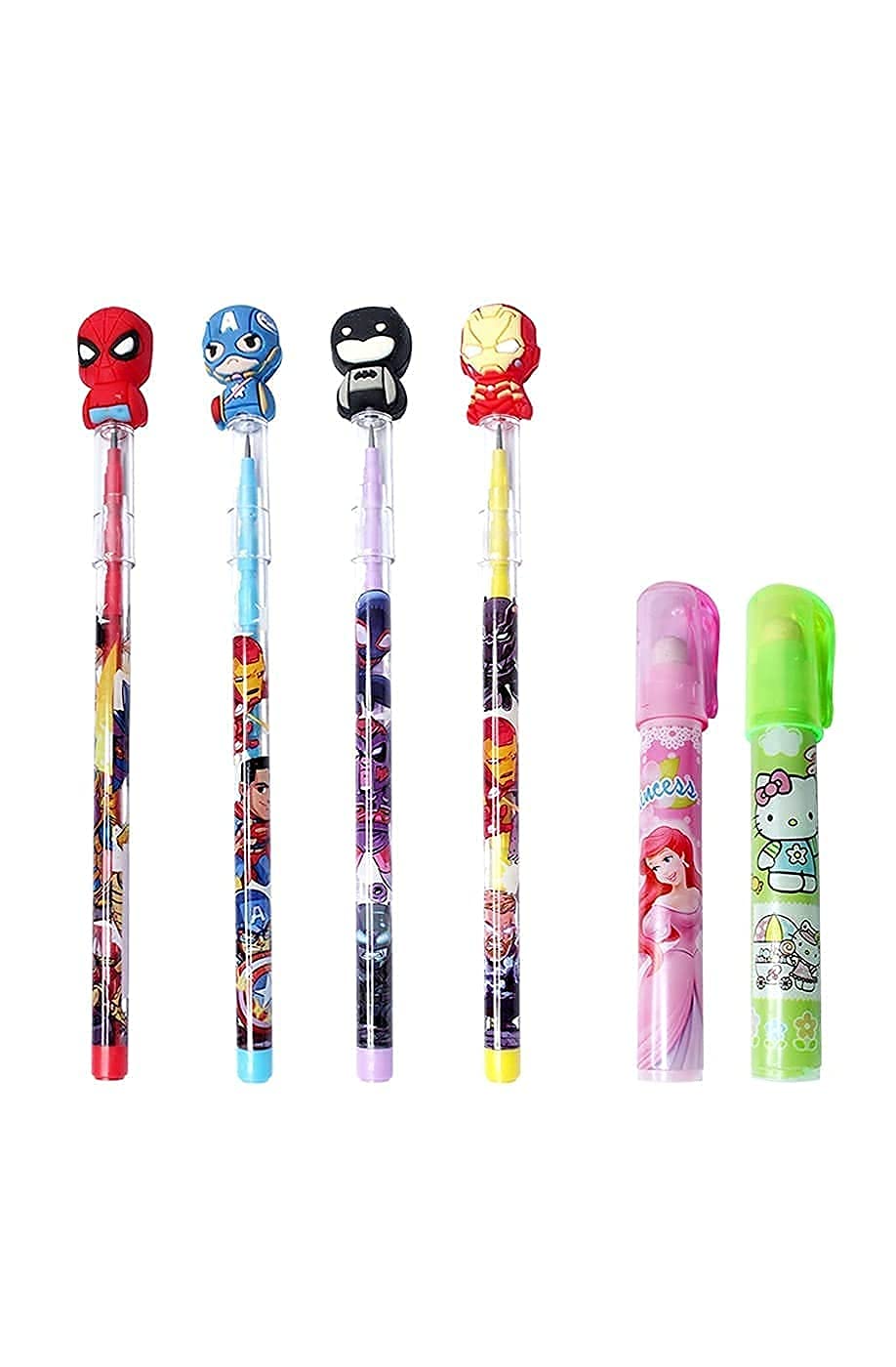 VR Creatives4 Pcs Cartoon Superhero Design Non-Sharpening Stacking Pencil with 2 Pcs Pen Type Eraser Birthday Party Return Gifts for Kids Pack Of 1