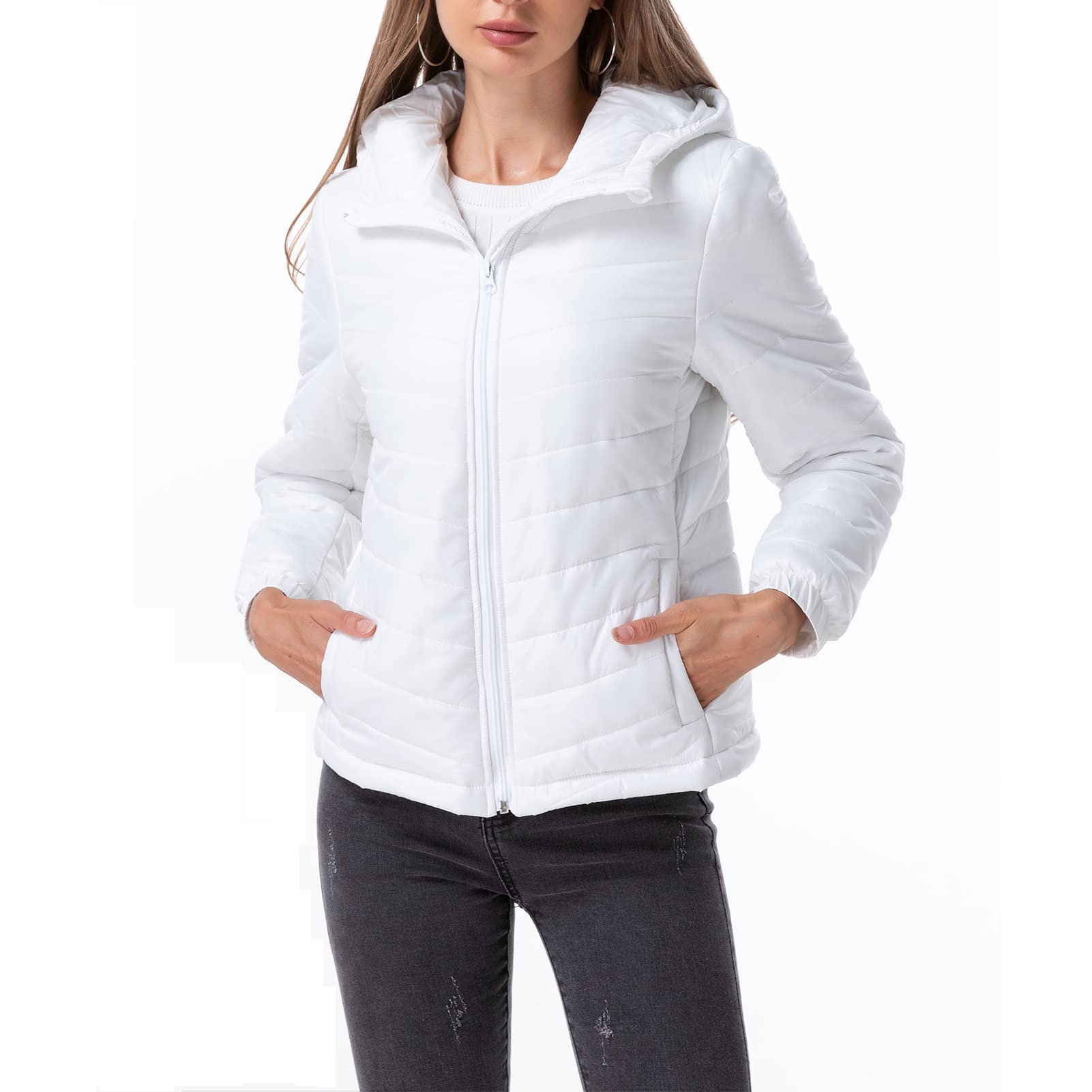 Women's Lightweight Water-Resistant Long-Sleeve Full-Zip Hooded Puffer Jacket Coat
