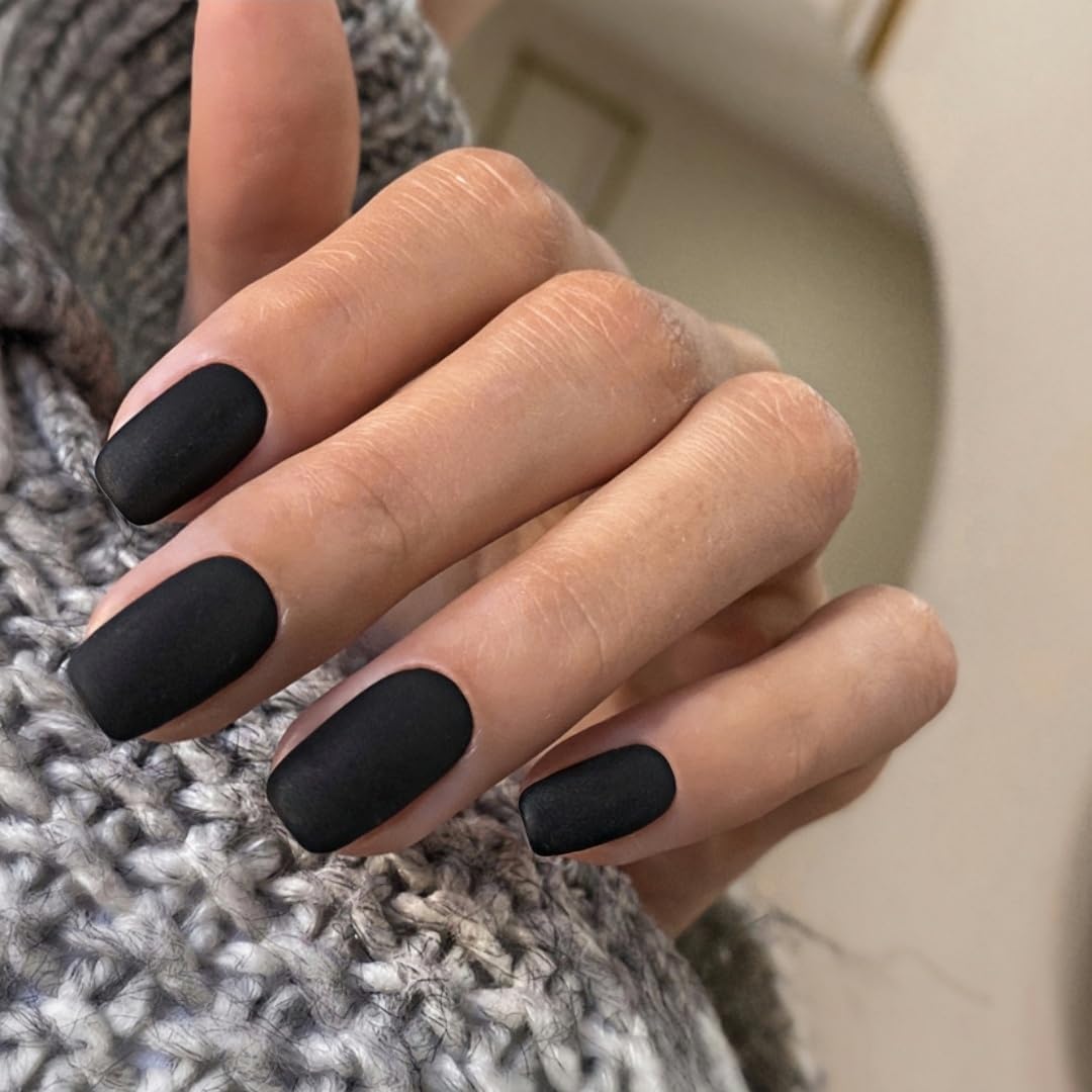 SXVME Matte Black False Nails Short Medium Square