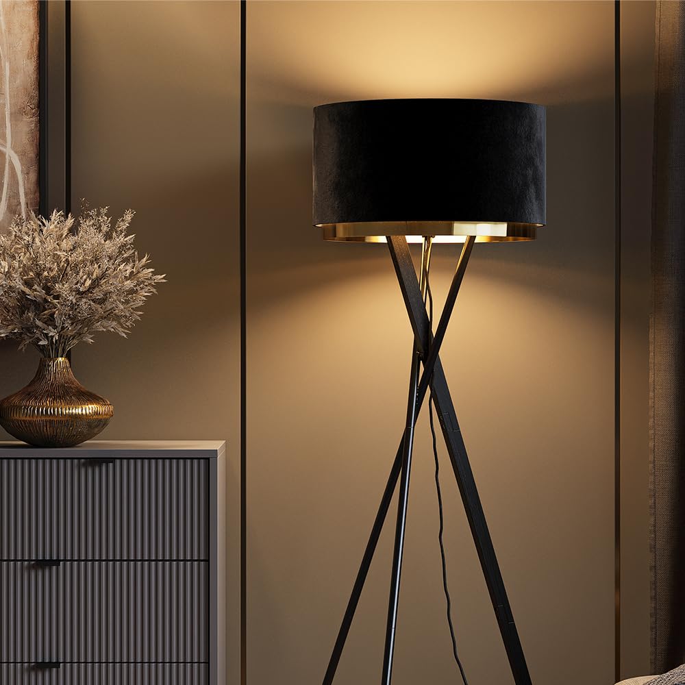 Vicco Stehlampe Goldamo Schwarz | mit E27-Fassung für verschiedene Leuchtmittel geeignet