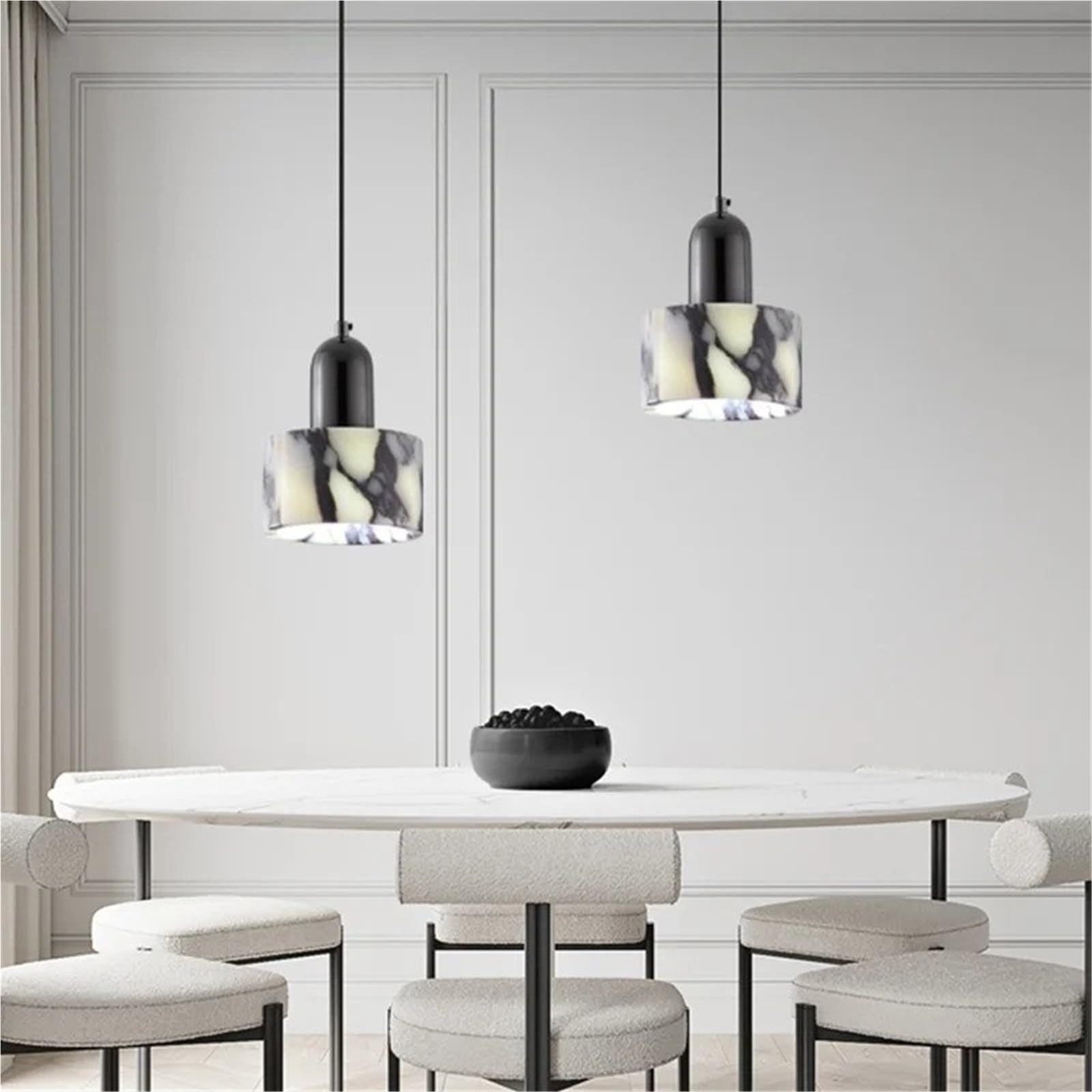 Lampadario in Marmo, Cilindro in Pietra Nera, Lampada a Sospensione a LED, Lusso