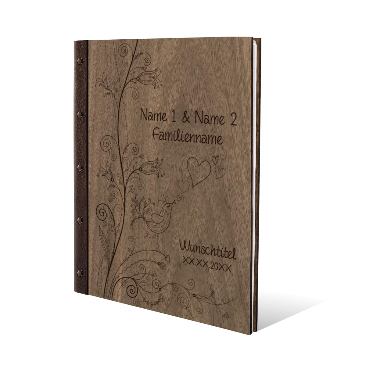 Personalisiertes Stammbuch Hochzeit aus echtem Holz mit Leder Rücken A5 oder A4 inkl. vorgedruckten Seiten - Liebesbaum