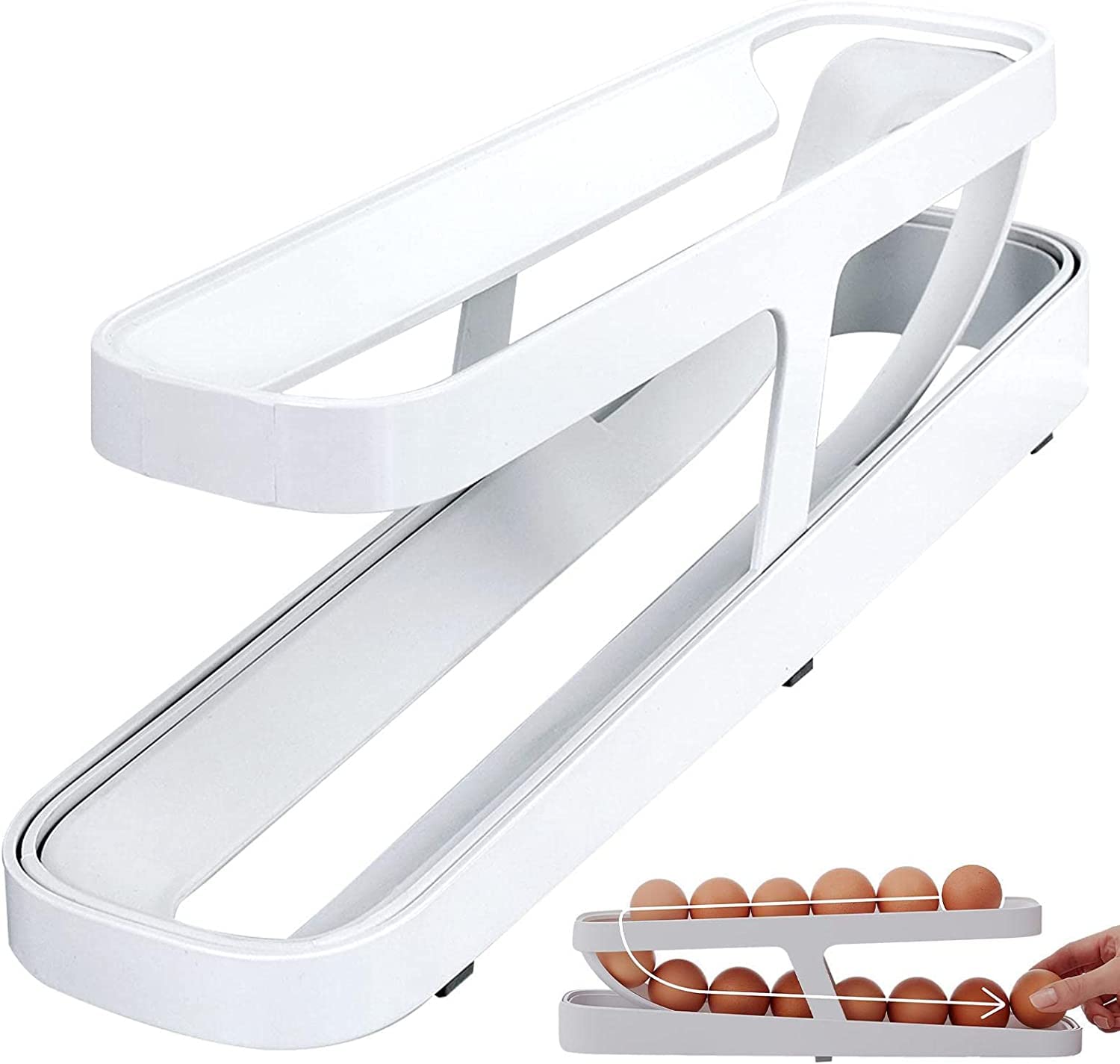 BOBBYQEgg Holder For Refrigerator: Automatically Rolling Egg Storage Container, 2 Tier Rolling Egg Dispenser, Space Saving Egg Tray For Refrigerator Countertop Cabinet