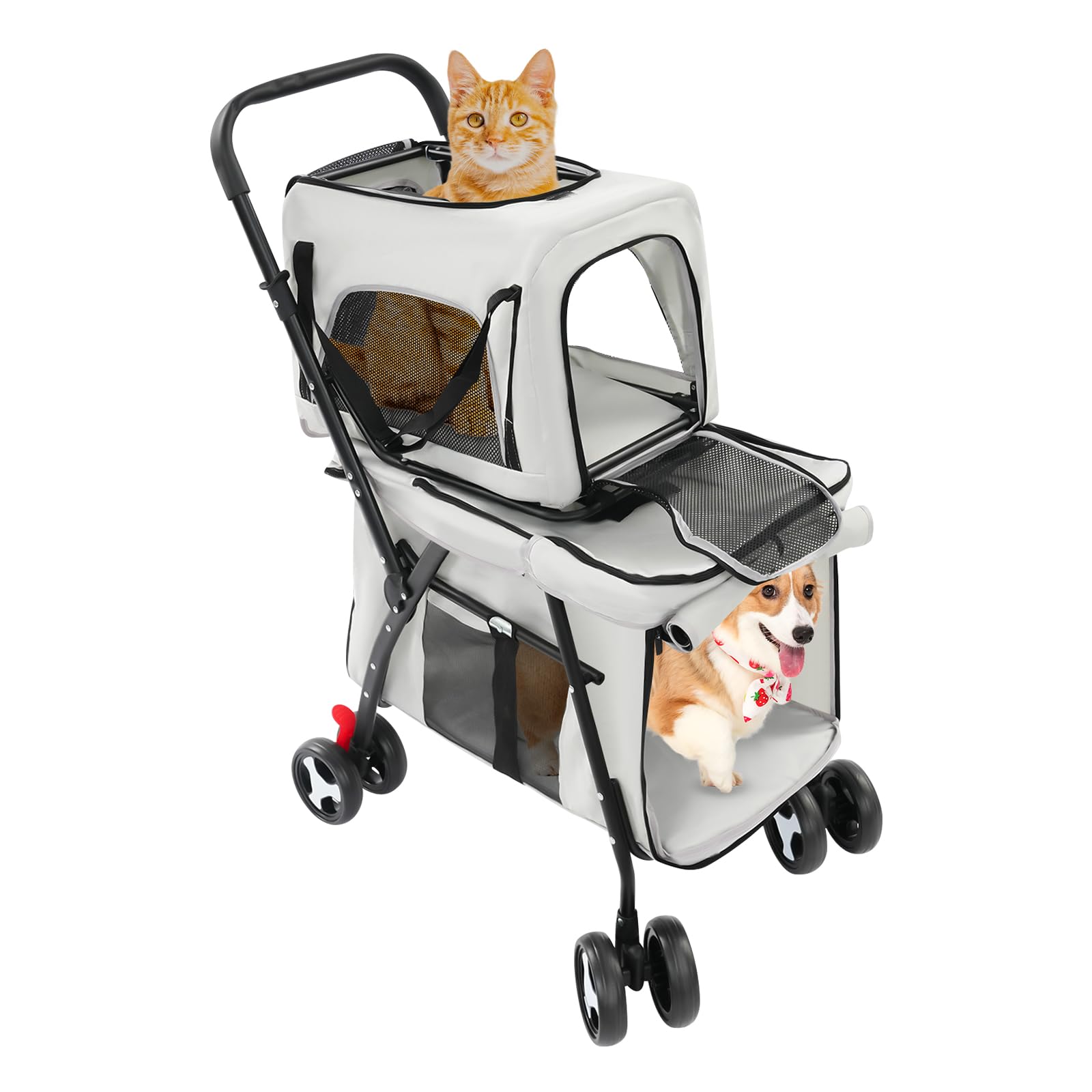 Passeggino doppio per cani, per animali domestici fino a 22 kg, pieghevole, a 2 piani, con finestre a rete e tasche, passeggino per gatti a 2 piani con 4 ruote resistenti all'usura, trasportino per