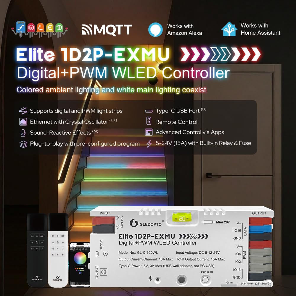 GLEDOPTO Contrôleur LED WLED 2-en-1, 15A Sortie Adressable + PWM CCT, Compatible WS2812B/SK6812, pour Bande LED RGB et Blanc Réglable, WiFi/Ethernet, Application