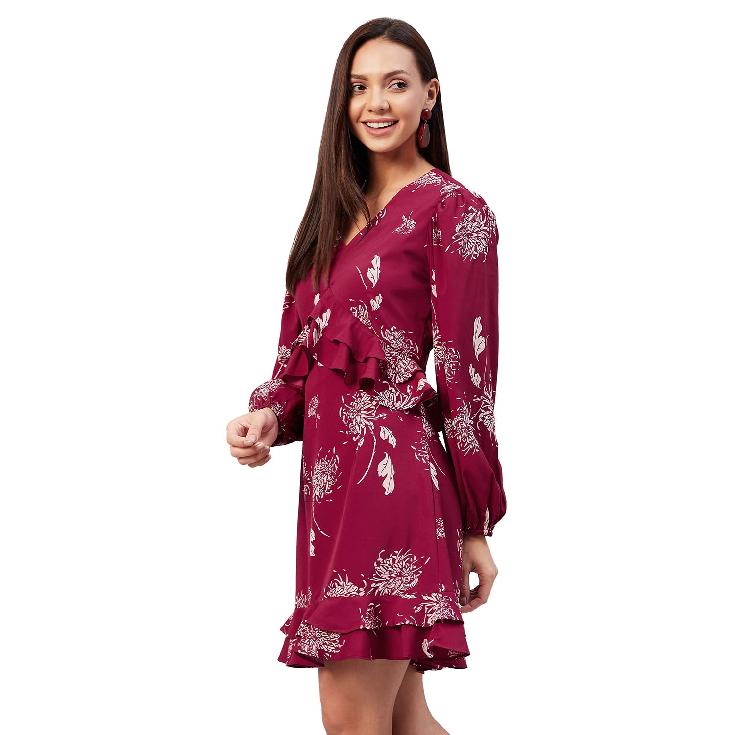 Rare Women Casual Maroon Colour Above Knee Floral Dress