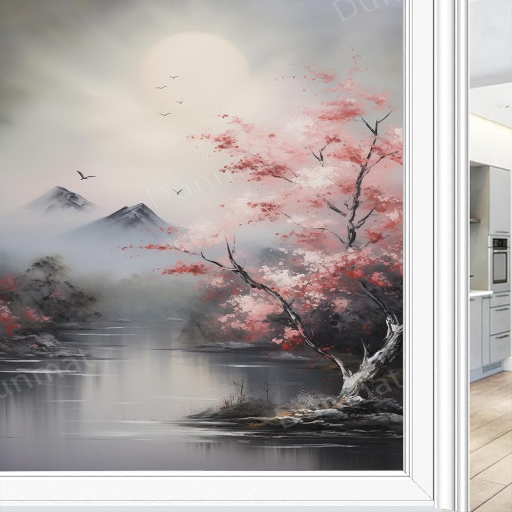 Abstract Misty Mountain Stained Glass Window Film Vintage Plant River View Privacy Window Film Glass Door Covering Non-Adhesive Window Stickers for Bathroom Kitchen 60 x 90 cm