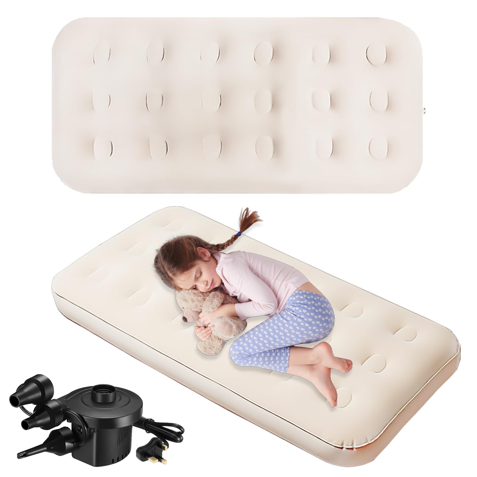 JTKDG 2 Pack Kids Air Mattress Toddler Inflatable Airbed 140 x 70 x 22 cm Camping Flocked Blow up Bed with Patch Kit Portable Sleepover Mattresses for Home Travel Party, Beige