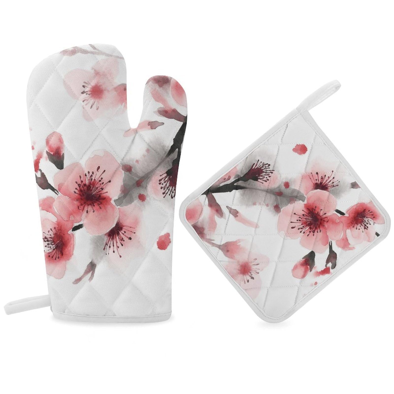 Asian Watercolor Pink Cherry Florals Oven Mitt Thick Substantial Heat Insulation Gloves Soft Skin-Friendly Temperature Resistant Oven Mitts for Cooking Lover Cooks