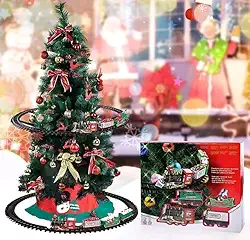 Árvore de Natal com Trem Elétrico, 120 cm, Verde, Decorada com Bolas e Laços Vermelhos e Dourados