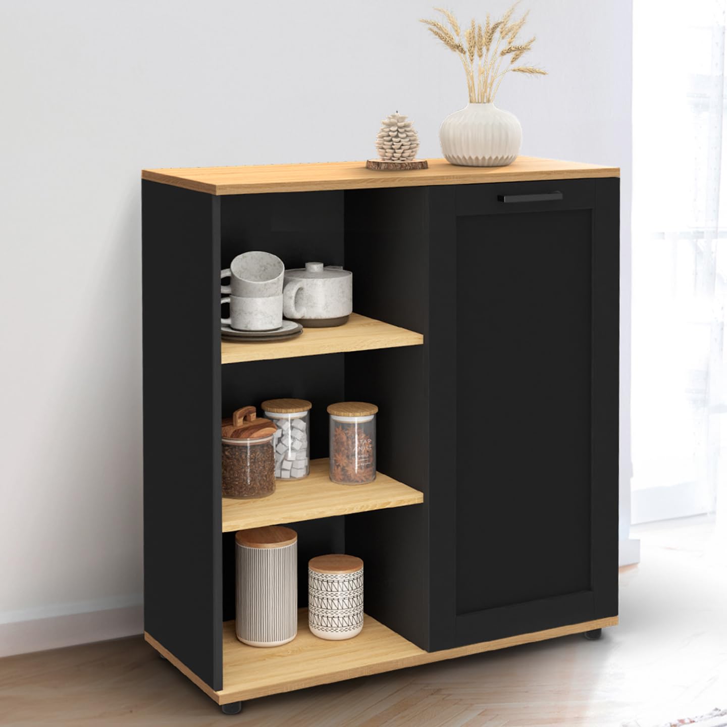 IDMarket - Buffet d'appoint 70 cm VITO 3 étagères et Placard Noir et Plateau Bois