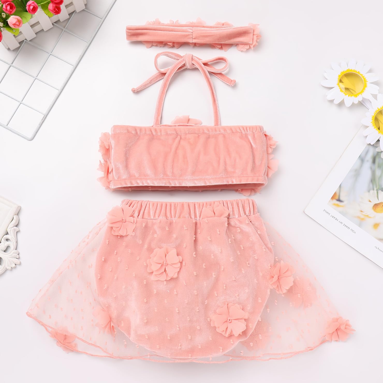Newborn Baby Girl Swimsuit: Bikini Bathing Suits Flower Velvet Halter Summer Beach Hawaii Holiday Casual Solid Color Photo Shoot Outfit Tankini Set Princess Swimwear Pink 18-24 Months